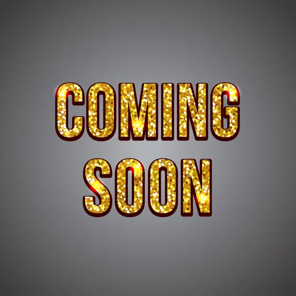 Coming soon gold glitter text on dark background — Stock Vector