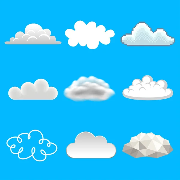 Nubes en diferentes estilos iconos foto realista vector conjunto — Archivo Imágenes Vectoriales