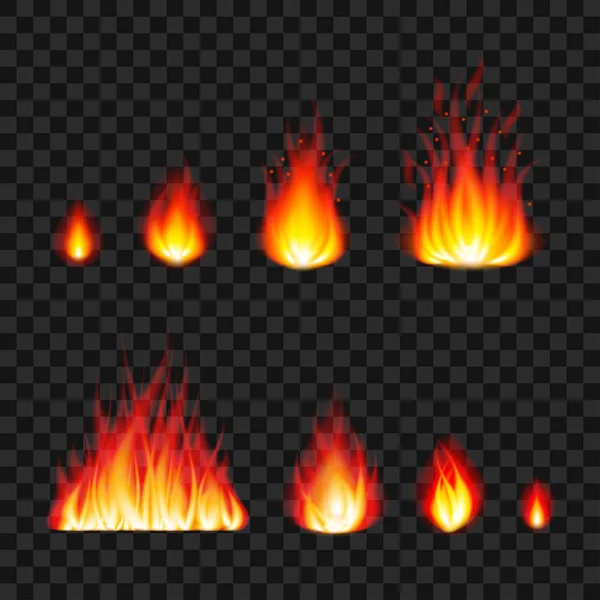 Fuoco ardente fiamme foto vettore realistico impostato — Vettoriale Stock