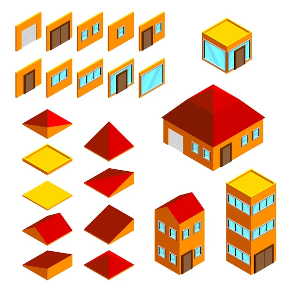 Elementos de construcción casas isométricas iconos vector conjunto — Archivo Imágenes Vectoriales