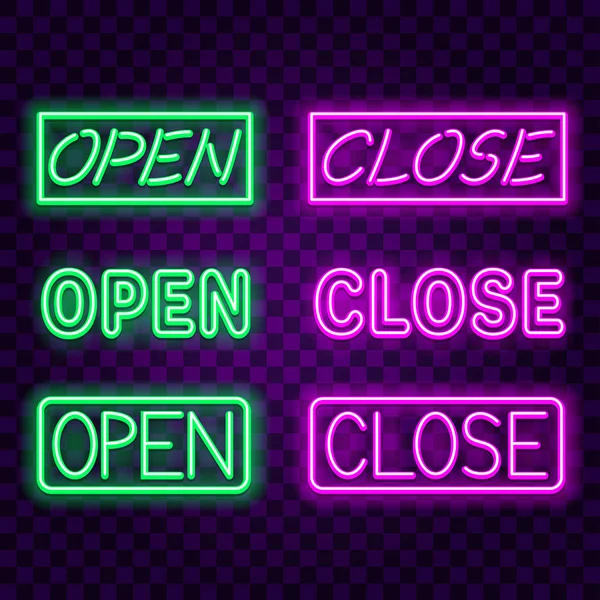 Open close neon signs on dark background vector — Stock Vector