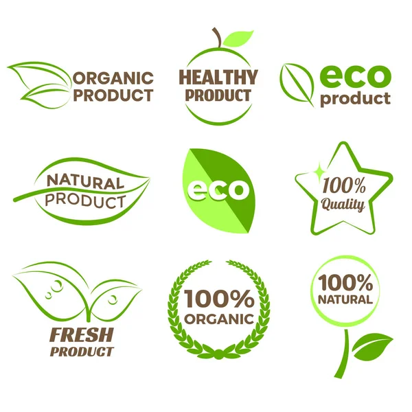 Eco producto orgánico logotipo iconos foto realista vector conjunto Ilustraciones De Stock Sin Royalties Gratis