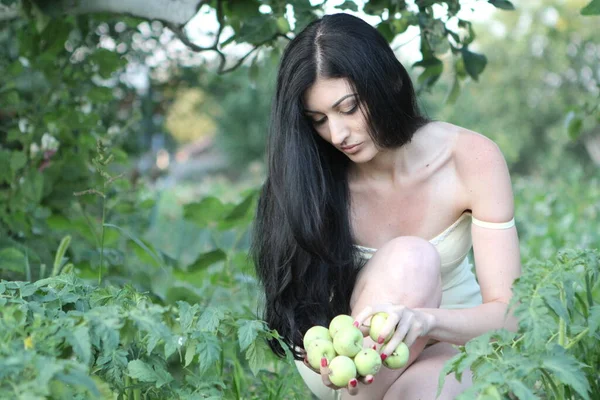 Schöne Schlanke Frau Zitronenkleid Hält Grüne Äpfel Ihren Händen Und — Stockfoto