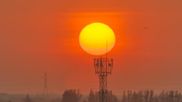 アンテナ付き大きなオレンジ色の夕日のタイムラプス フレア付きスカイライン日の出のシルエット — ストック動画