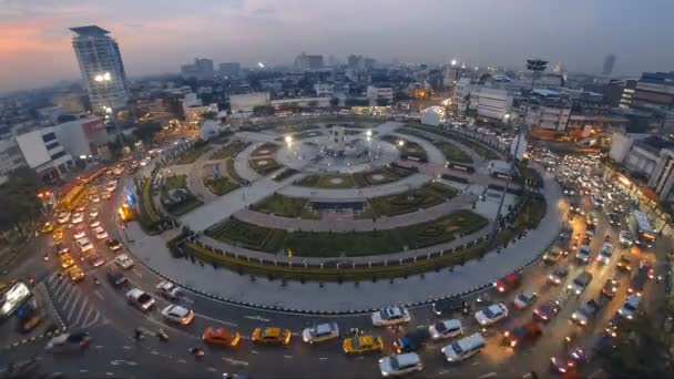 Aerial View Traffic Crowded Road Circle Bangkok City Night Time — Stock Video