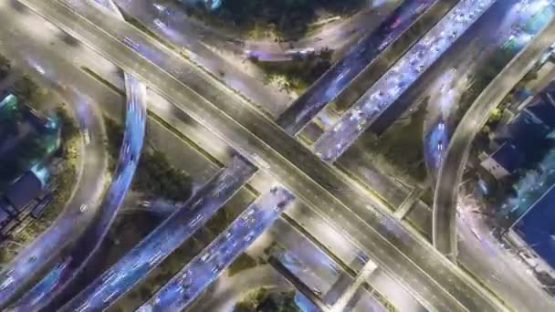 Bovenaanzicht Van Luchtfoto Zoom Kruising Verkeers Verkeer Stad Nachts Time — Stockvideo