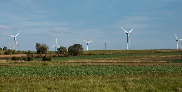 Větrné turbíny na zelených kopcích, Skupina větrných mlýnů pro výrobu elektrické energie v zelené — Stock fotografie