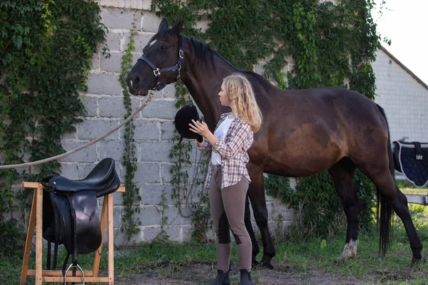 Ragazza con cavallo che indossa la sella per andare a cavallo — Foto Stock