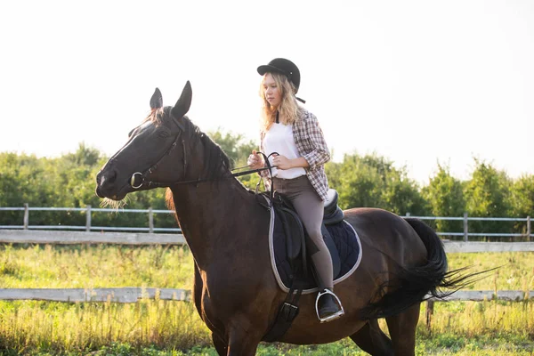 Jovem com seu cavalo à noite luz do pôr do sol — Fotografia de Stock