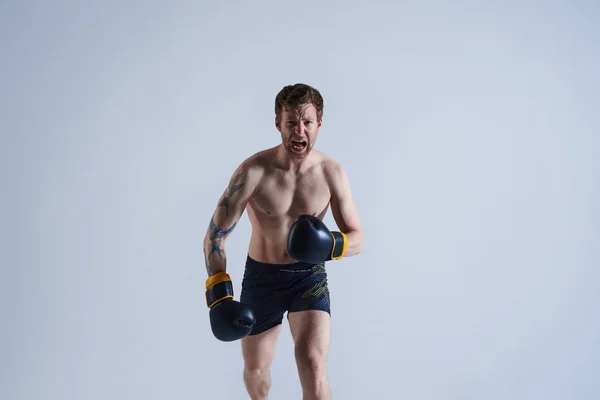 Picture of determined aggressive European boxer wearing black shorts and rubber gloves screaming, demonstrating that he can beat anyone. Aggressive male kickboxer training at white studio wall