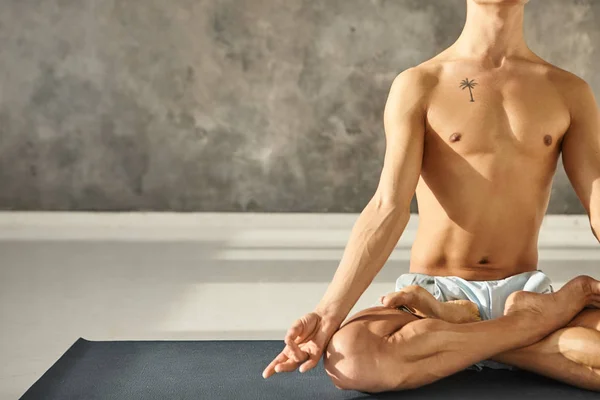 Wellness, harmony, peace and spiritual practices concept. Cropped shot of young man with muscular athletic body, sitting shirtless and barefooted on yoga mat, meditating in lotus pose