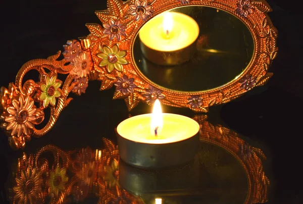 Burning Candle Reflected Mirror — Stock Photo, Image