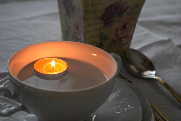 Table Setting Burning Candle — Stock Photo, Image