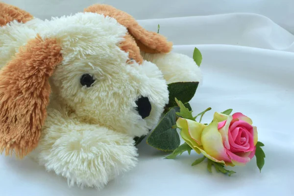 Милая Мягкая Собачья Игрушка Розой — стоковое фото