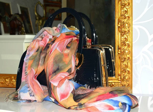 Λάκκα Τσάντα Και Χρωματιστό Μαντήλι — Φωτογραφία Αρχείου