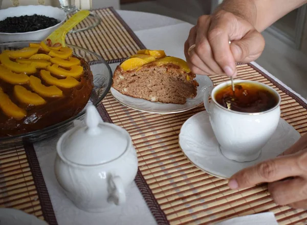 Breakfast Cup Tea Piece Cake — Stock Photo, Image