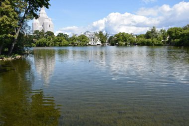 Parktaki gölet, park alanı, park alanı tasarımı, yaz günü.