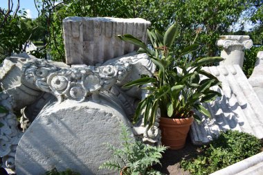 bahçede çiçekler ve yıkılan binanın elemanları, kalıntıları