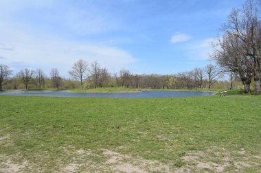 a walking park with water channels and ponds