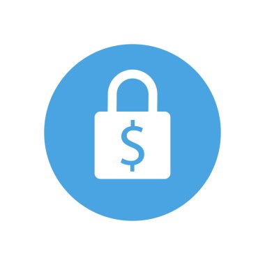 Kilit simgesi. Asma kilit işareti. Dolar. Finans koruma. Vektör çizim. Düz tasarım. Mavi zemin üzerine beyaz.