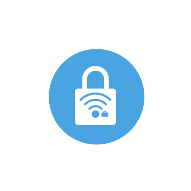 Kilit simgesi. Asma kilit işareti. WiFi. Korumalı wi-fi. Vektör çizim. Düz tasarım. Mavi zemin üzerine beyaz.