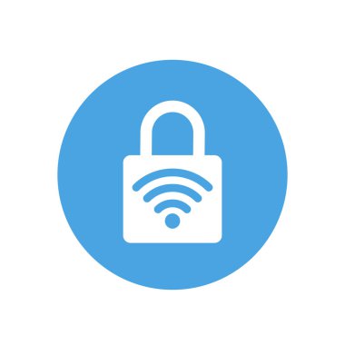 Kilit simgesi. Asma kilit işareti. WiFi. Korumalı wi-fi. Vektör çizim. Düz tasarım. Mavi zemin üzerine beyaz.