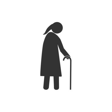 Baston, yaşlı kadın. Gri beyaz arka plan üzerinde. Düz tasarım. Vektör