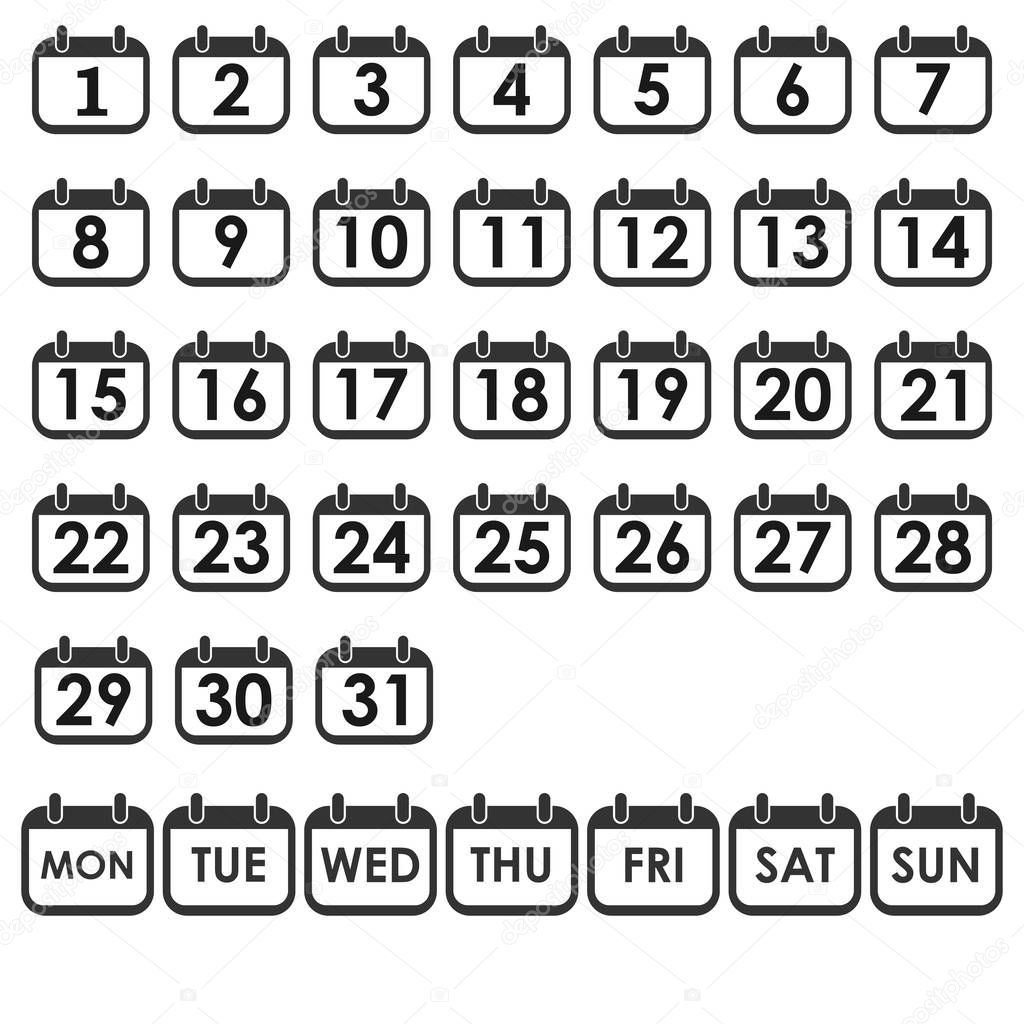 Vector illustration, flat design. Calendar day icon set, number on calendar page