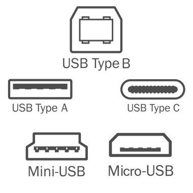 USB bağlantı noktası simge seti. Vektör çizim, düz tasarım.