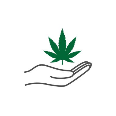 Esrar, marihuana yaprağı el simgesi. Vektör çizim, düz tasarım.
