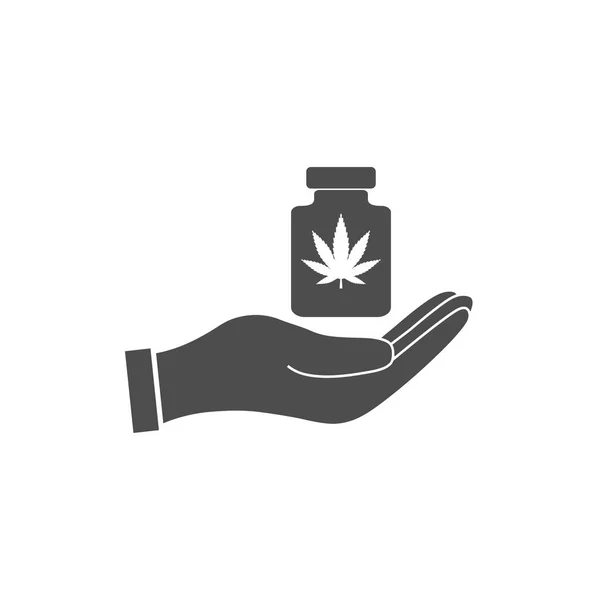 Konopí, marihuana leaf v ikona ruky. Vektorové ilustrace, plochý design. — Stockový vektor