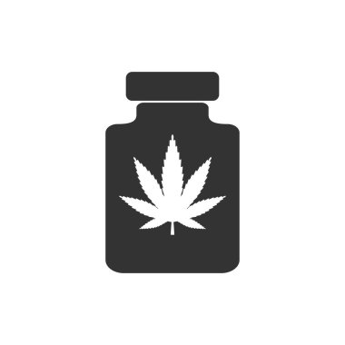 Tıbbi esrar simgesi ile şişe. Vektör çizim, düz tasarım.