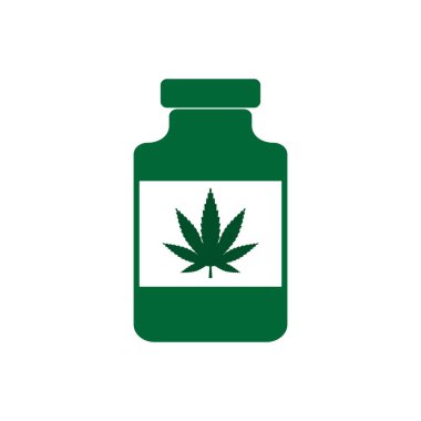 Tıbbi esrar simgesi ile şişe. Vektör çizim, düz tasarım.