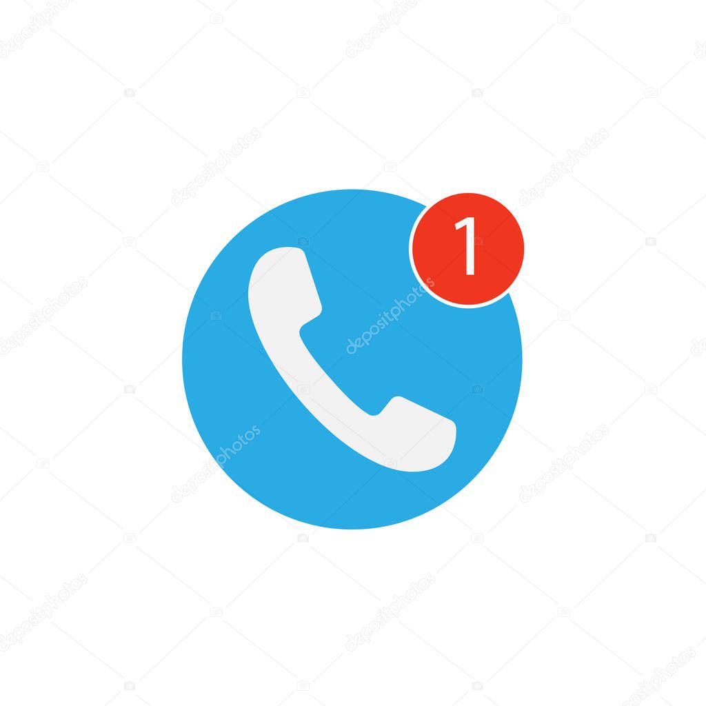 Phone icon, one missed call sign, white on blue background. Vector flat illustration.