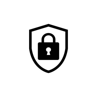 Asma kilit simgesi ile kalkan. Vektör çizim. Protectoin işareti. Düz tasarım. Beyaz arka planda siyah.