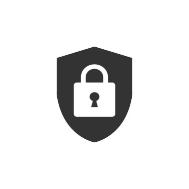 Asma kilit simgesi ile kalkan. Vektör çizim. Protectoin işareti. Düz tasarım. Beyaz arka planda siyah.