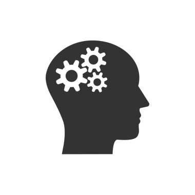 Kafa, dişli, çözüm fikir simgesi. Vektör çizim, düz tasarım.