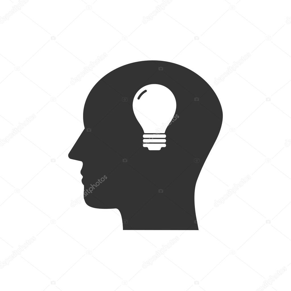 Head, bulb, idea icon. Vector illustration, flat design.