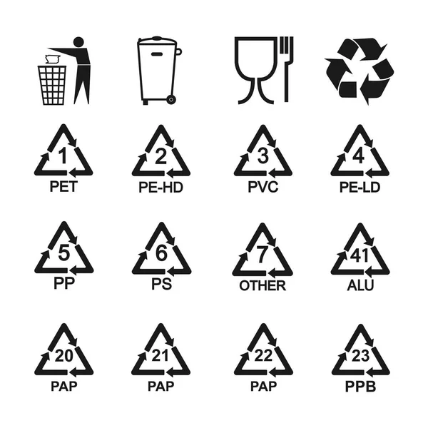 Set di icone per il riciclaggio degli imballaggi. Illustrazione vettoriale, design piatto . — Vettoriale Stock