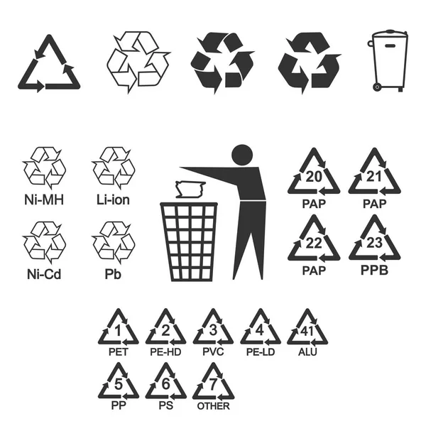 Conjunto de iconos de reciclaje de envases. Ilustración vectorial, diseño plano . — Archivo Imágenes Vectoriales