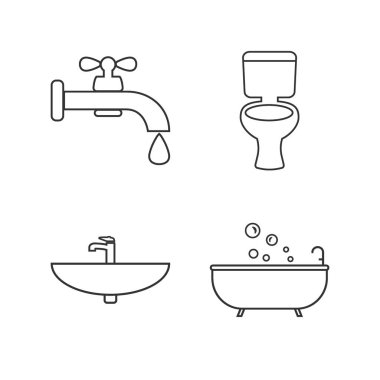 Tuvalet, Banyo çizgi simgesi seti. Vektör illüstrasyon, düz tasarım.