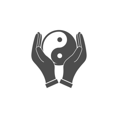 Eller yin yang simgesini tutuyor. Vektör illüstrasyon, düz tasarım.