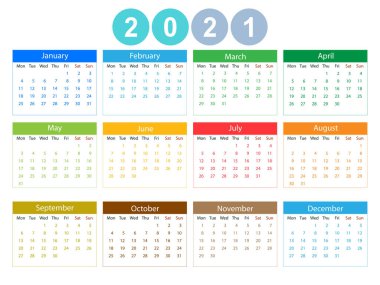 Vektör çizimi, düz tasarım. 2021 takvimi, hafta Pazartesi başlıyor