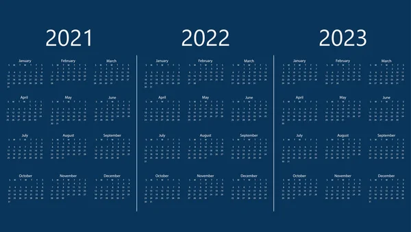 2021, 2022, 2023 kalender, week zondag. Vector illustratie, plat ontwerp. — Stockvector