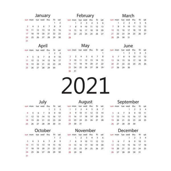 2021 kalender, de week begint zondag. Vector illustratie, plat ontwerp. — Stockvector