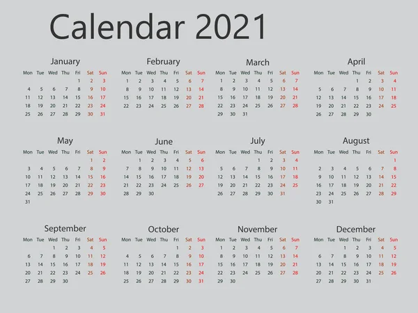 2021 kalendarz, tydzień zaczyna się w poniedziałek. Ilustracja wektora, płaska konstrukcja. — Wektor stockowy