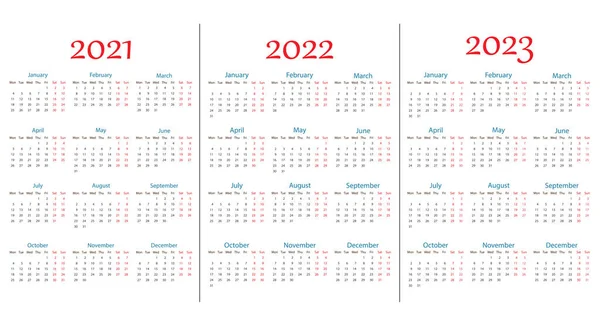 2021, 2022, 2023 kalender, week maandag. Vector illustratie, plat ontwerp. — Stockvector