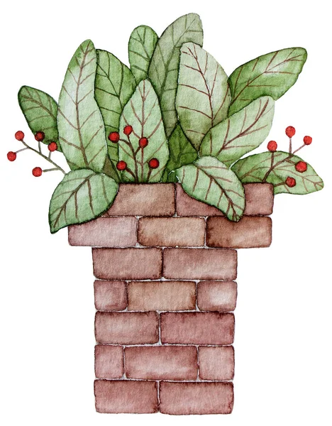 Watercolor cartoon chimney illustration with leaves