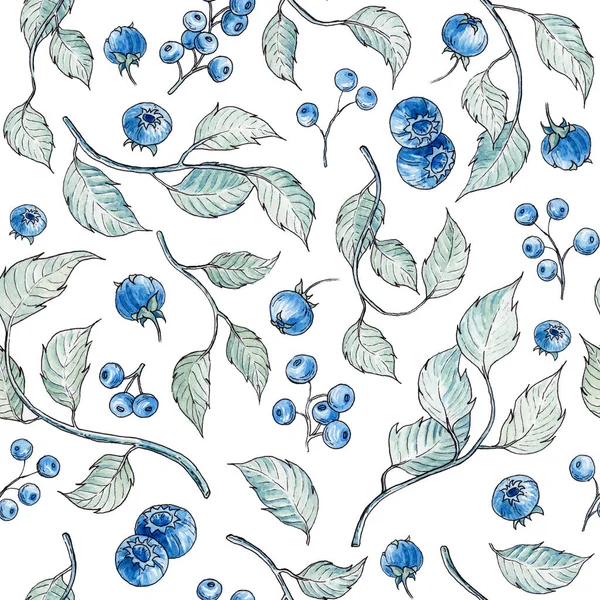 Seamless pattern with watercolor leaves and blue berries