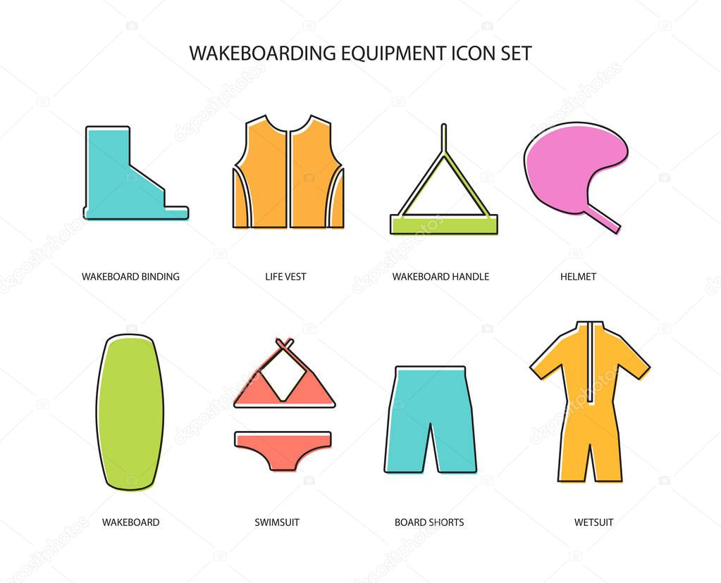 Wakeboarding equipment thin line art icons set. Line icon set in modern geometric style. Vector illustration of live vest, binding, wakeboard, swim suit, helmet, handle, wetsuit, shorts.